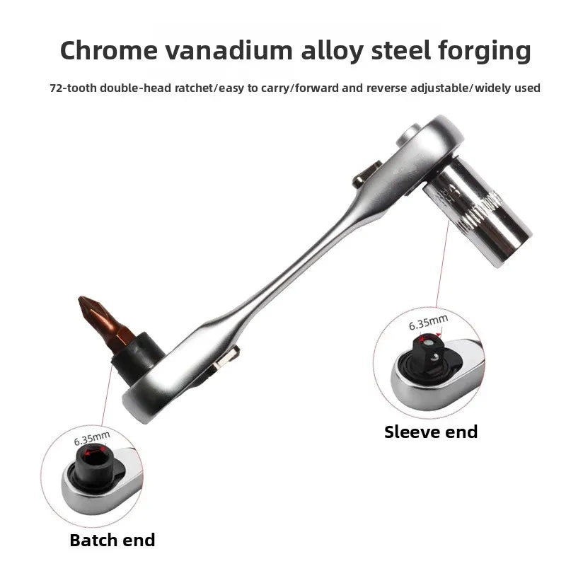 XMAO Compact Ratchet Wrench, 1/4 Inch Square Drive and Hex Bit Holder, 72 Tooth CR-V Dual Head Tool for Small Fastener Repair