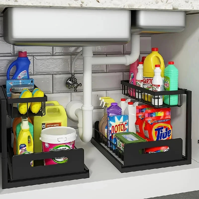 Home Household 2 Tier Sliding Under Sink Organizer Rustproof Metal Cabinet Storage for Kitchen Bathroom Cleaning Supplies