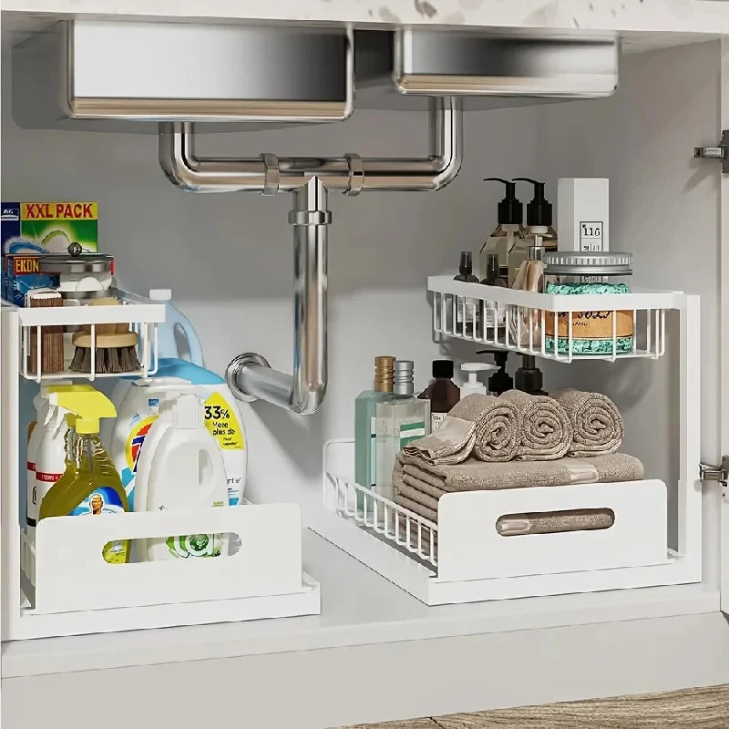 Home Household 2 Tier Sliding Under Sink Organizer Rustproof Metal Cabinet Storage for Kitchen Bathroom Cleaning Supplies
