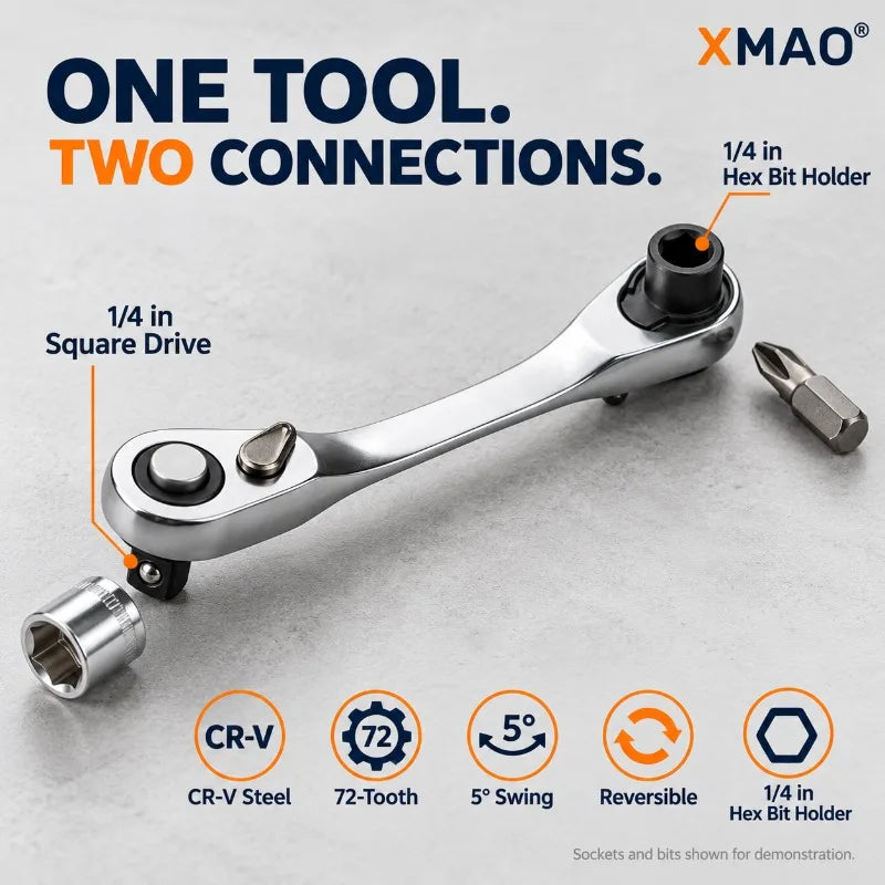 XMAO Compact Ratchet Wrench, 1/4 Inch Square Drive and Hex Bit Holder, 72 Tooth CR-V Dual Head Tool for Small Fastener Repair