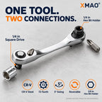 XMAO Compact Ratchet Wrench, 1/4 Inch Square Drive and Hex Bit Holder, 72 Tooth CR-V Dual Head Tool for Small Fastener Repair
