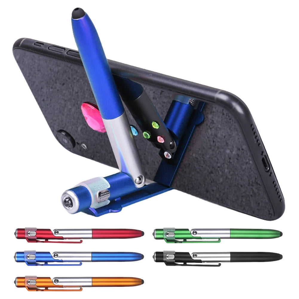4 In 1 Multifunction Ballpoint Pen with LED Light Folding Phone Holder Multi-Function Touch Pen Black Ink Pen for Office Workers