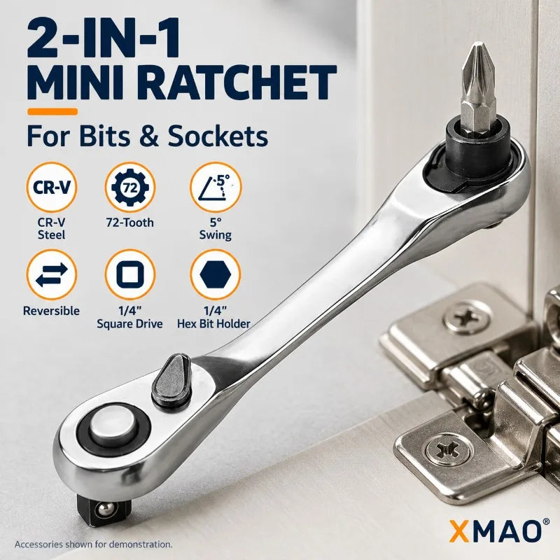 XMAO Compact Ratchet Wrench, 1/4 Inch Square Drive and Hex Bit Holder, 72 Tooth CR-V Dual Head Tool for Small Fastener Repair