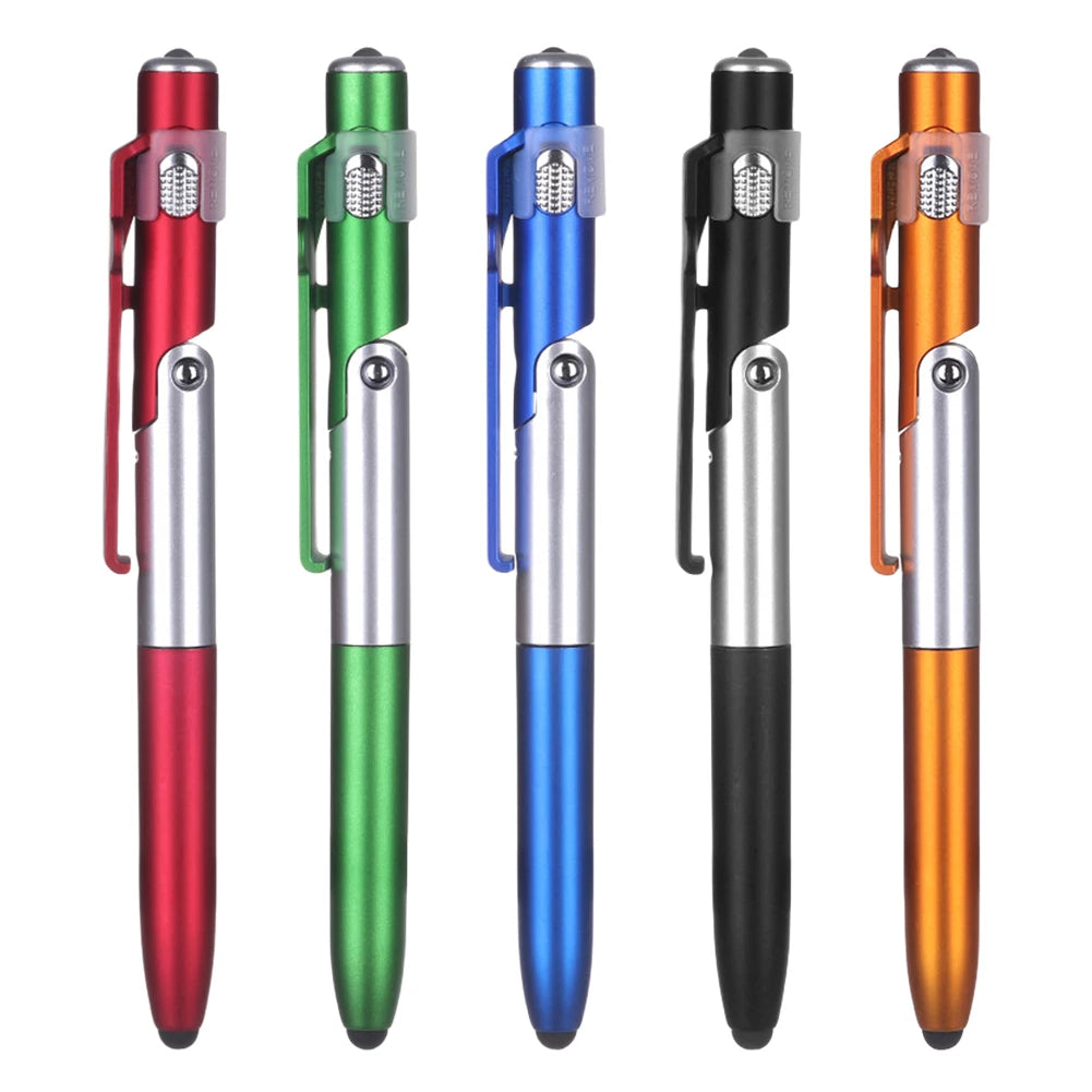 4 In 1 Multifunction Ballpoint Pen with LED Light Folding Phone Holder Multi-Function Touch Pen Black Ink Pen for Office Workers