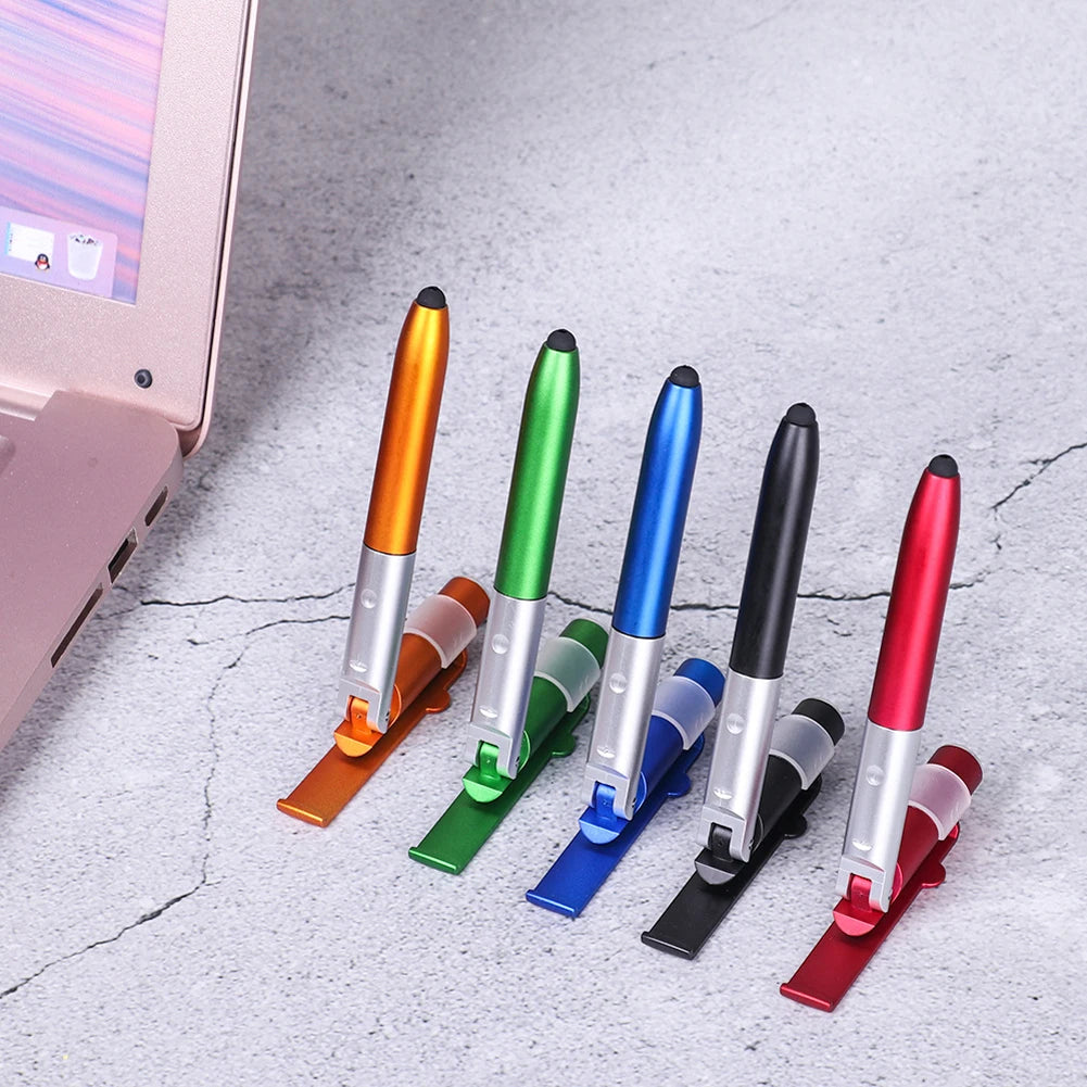 4 In 1 Multifunction Ballpoint Pen with LED Light Folding Phone Holder Multi-Function Touch Pen Black Ink Pen for Office Workers