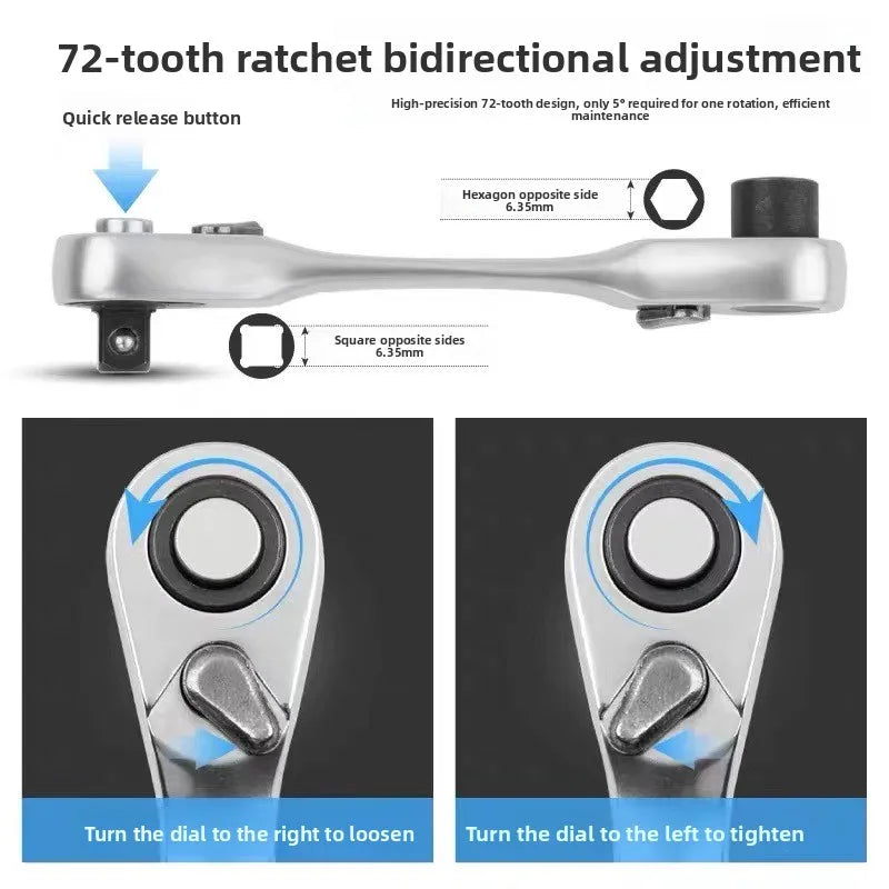 XMAO Compact Ratchet Wrench, 1/4 Inch Square Drive and Hex Bit Holder, 72 Tooth CR-V Dual Head Tool for Small Fastener Repair