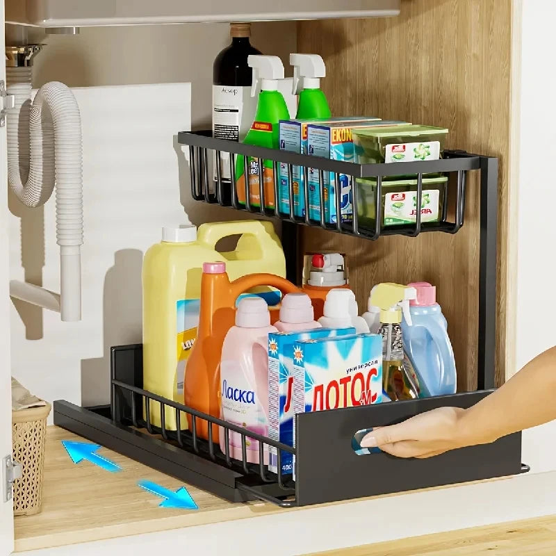 Home Household 2 Tier Sliding Under Sink Organizer Rustproof Metal Cabinet Storage for Kitchen Bathroom Cleaning Supplies