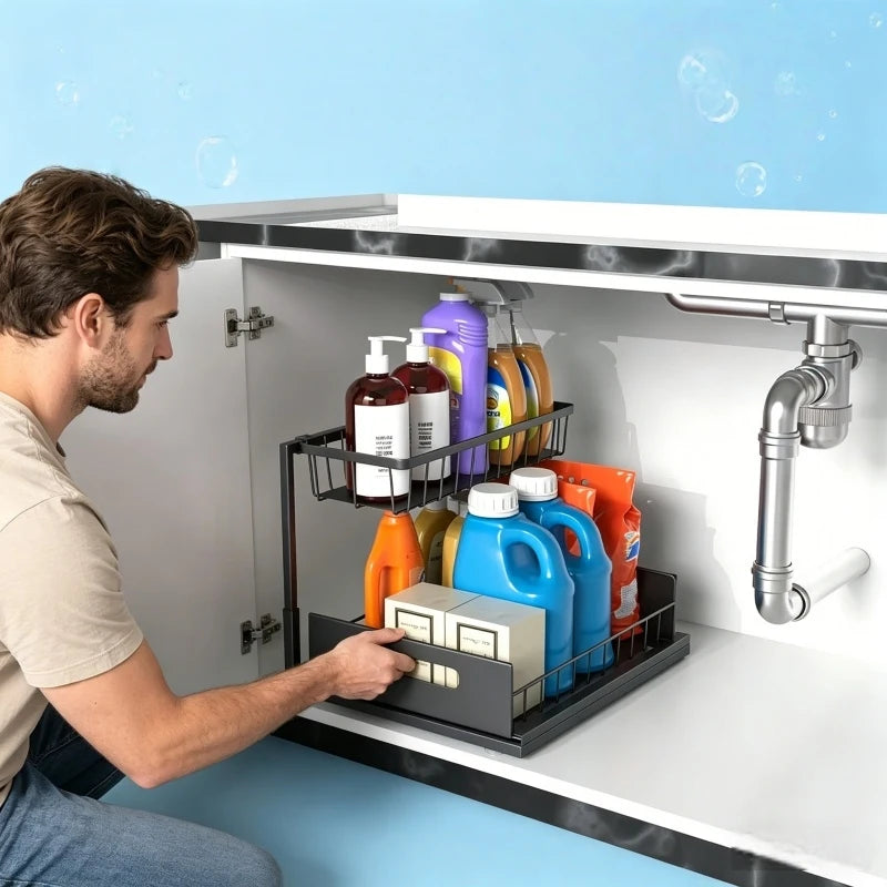 Home Household 2 Tier Sliding Under Sink Organizer Rustproof Metal Cabinet Storage for Kitchen Bathroom Cleaning Supplies