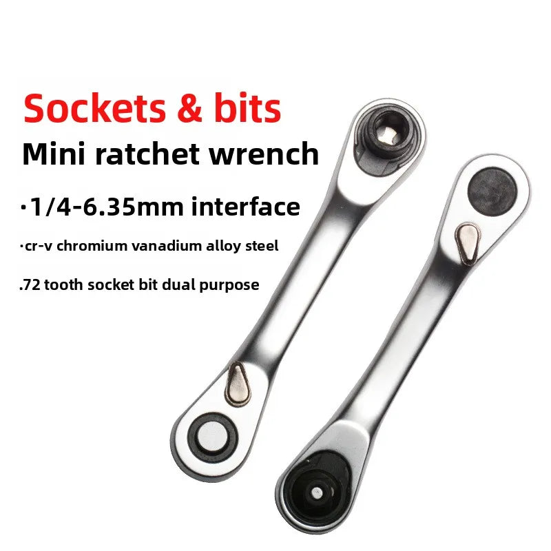 XMAO Compact Ratchet Wrench, 1/4 Inch Square Drive and Hex Bit Holder, 72 Tooth CR-V Dual Head Tool for Small Fastener Repair