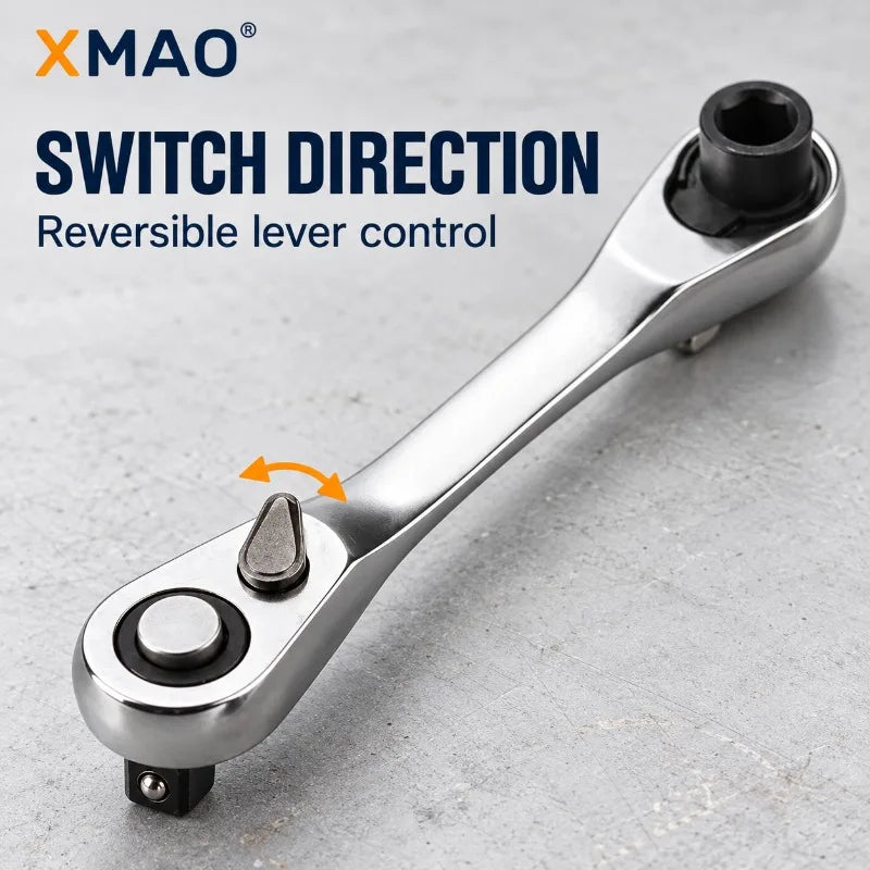 XMAO Compact Ratchet Wrench, 1/4 Inch Square Drive and Hex Bit Holder, 72 Tooth CR-V Dual Head Tool for Small Fastener Repair
