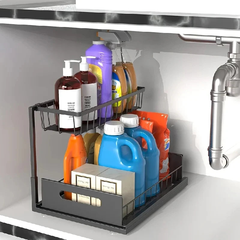 Home Household 2 Tier Sliding Under Sink Organizer Rustproof Metal Cabinet Storage for Kitchen Bathroom Cleaning Supplies