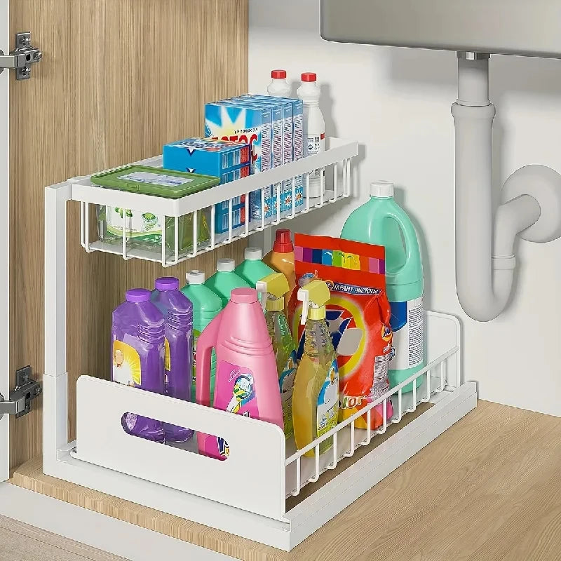 Home Household 2 Tier Sliding Under Sink Organizer Rustproof Metal Cabinet Storage for Kitchen Bathroom Cleaning Supplies