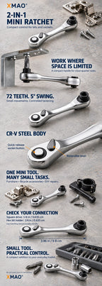 XMAO Compact Ratchet Wrench, 1/4 Inch Square Drive and Hex Bit Holder, 72 Tooth CR-V Dual Head Tool for Small Fastener Repair